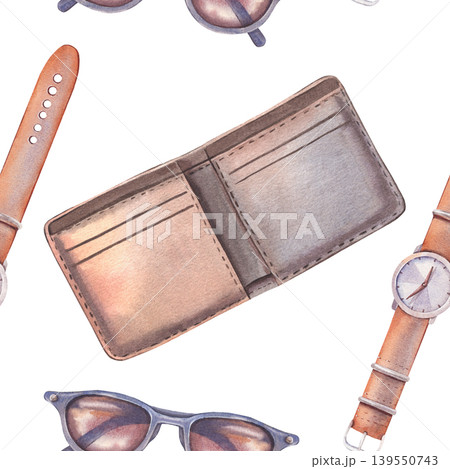 Watercolor seamless pattern, men wallet, sunglasses, watch. Hand-painted watercolor illustration isolated on white for fashion branding, hipster, lifestyle design, print on packaging, clothing, decor 139550743