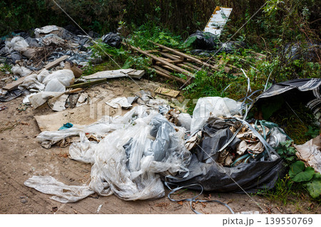 A disheartening sprawl of illegally dumped plastic waste, construction debris, and various refuse mars the overgrown landscape, a stark environmental scar A disheartening sprawl of illegally dumped plastic waste, construction debris, and various refuse mars the overgrown landscape, a stark environmental scar 139550769