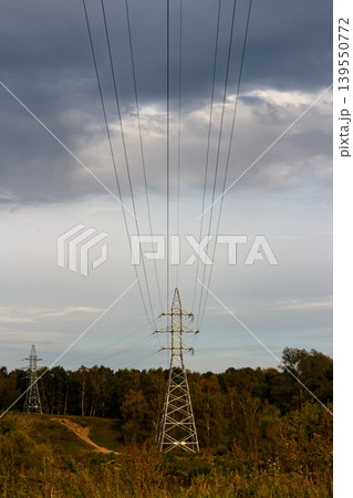 Majestic steel power pylon towers, its wires fanning into the dramatic cloudy sky, a vital artery of modern energy 139550772