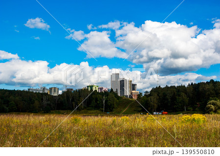 Sleek urban towers and apartment complexes crown a verdant hill, contrasting with a golden meadow and a sprawling, cloudy sky Sleek urban towers and apartment complexes crown a verdant hill, contrasting with a golden meadow and a sprawling, cloudy sky 139550810