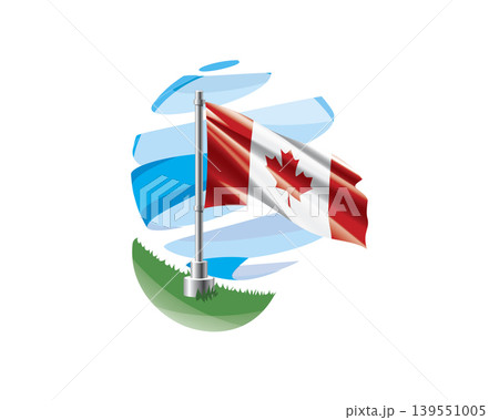 Canadian flag on a green lawn against a background of blue abstract sky Canadian flag on a green lawn against a background of blue abstract sky 139551005