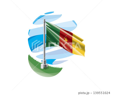 Cameroonian flag on a green lawn against a background of blue abstract sky 139551024