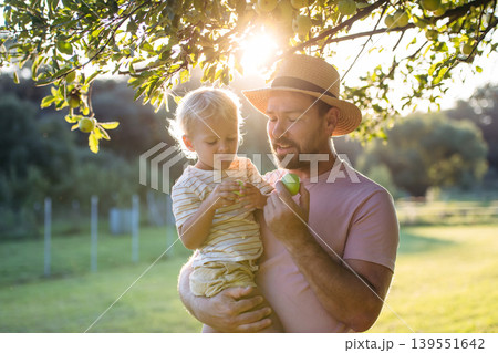 Portrait of little boy and father under apple tree during warm summer day. 139551642