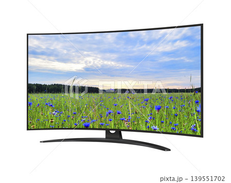 Curved screen smart tv with blue cornflowers field on screen 139551702