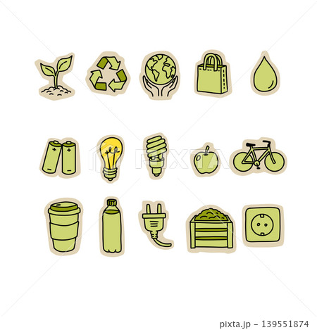 Nature sticker set, ecology doodle badge collection with green environment icons. Renewable energy lamp, recycle symbol, earth care planet sticker set. Nature sticker bundle. Nature sticker set, ecology doodle badge collection with green environment icons. Renewable energy lamp, recycle symbol, earth care planet sticker set. Nature sticker bundle. 139551874