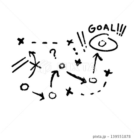 Sport strategy doodle, hand drawn arrows crosses circles ink set. Football tactic plan, game direction black white sketch. Team movement chart, play diagram collection 139551878