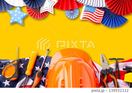 Labor Day celebration featuring tools and festive decor Labor Day celebration featuring tools and festive decor 139552112