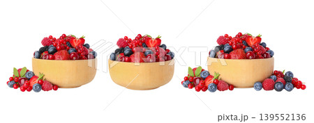 Three wooden bowls filled with assorted berries, PNG Three wooden bowls filled with assorted berries, PNG 139552136