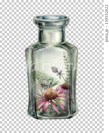 Medicinal herbs in glass bottle watercolor illustration. Vintage apothecary jar with echinacea, yarrow and thyme for pharmaceutical packaging, herbal essence branding and organic medicine design Medicinal herbs in glass bottle watercolor illustration. Vintage apothecary jar with echinacea, yarrow and thyme for pharmaceutical packaging, herbal essence branding and organic medicine design 139552622