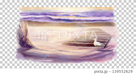 Lone seagull rests on a sandy shore framed by pampas grass and wooden boardwalk,bathed in golden sunset light close the sea.Watercolor with luminous washes for wall art,travel branding,peaceful nature Lone seagull rests on a sandy shore framed by pampas grass and wooden boardwalk,bathed in golden sunset light close the sea.Watercolor with luminous washes for wall art,travel branding,peaceful nature 139552629