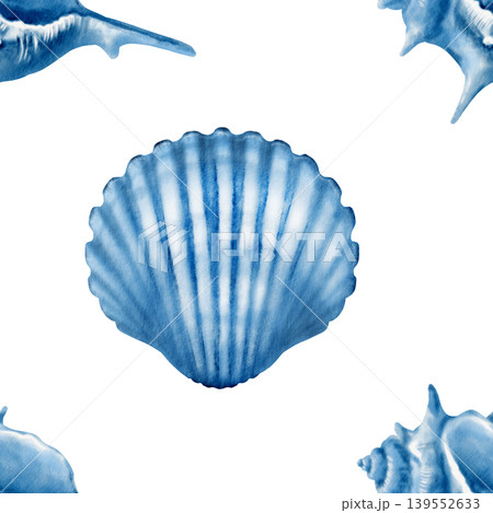 Delicate ribbed seashell,twisted spiky seashell in monochrome seamless pattern,hand drawn illustration in soft blue watercolor with subtle texture.For coastal themes,ocean inspired design,restaurant 139552633