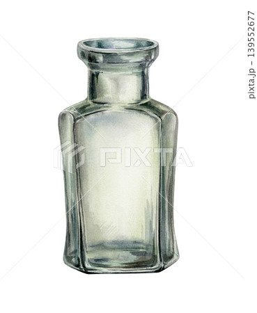Vintage apothecary glass bottle in watercolor style. Empty antique pharmacy jar for herbal medicine packaging, craft remedy branding, essential oil label design and laboratory glassware graphics Vintage apothecary glass bottle in watercolor style. Empty antique pharmacy jar for herbal medicine packaging, craft remedy branding, essential oil label design and laboratory glassware graphics 139552677