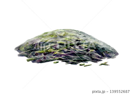 Dried medicinal herbs pile in watercolor. Chopped botanical raw material for organic pharmacy packaging, herbal tea blend label, homeopathy supplement branding and apothecary clipart graphics 139552687