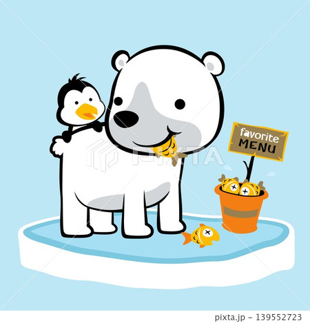 Funny polar bear with penguin eating fish, vector cartoon illustration Funny polar bear with penguin eating fish, vector cartoon illustration 139552723