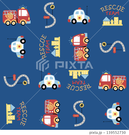 Vector cartoon seamless pattern of rescue team vehicles with traffic elements 139552730