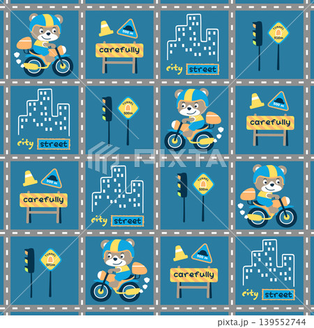 Vector cartoon seamless pattern of funny bear riding motorcycle with city traffic elements 139552744