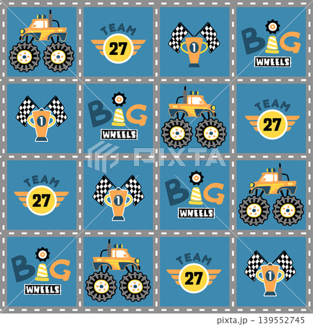 Vector cartoon seamless pattern of monster truck with car racing elements Vector cartoon seamless pattern of monster truck with car racing elements 139552745