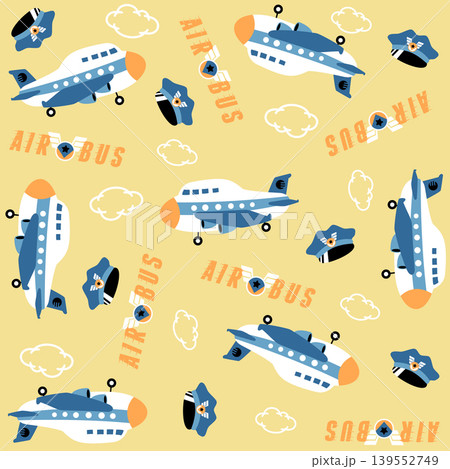 Vector cartoon seamless pattern of airplane with pilot cap, air transport elements 139552749