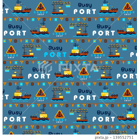 vector cartoon pattern of tugboat with port elements vector cartoon pattern of tugboat with port elements 139552751