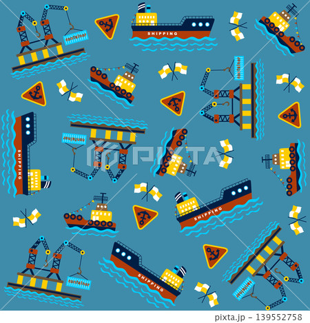 vector cartoon seamless pattern of cargo ship with port elements vector cartoon seamless pattern of cargo ship with port elements 139552758