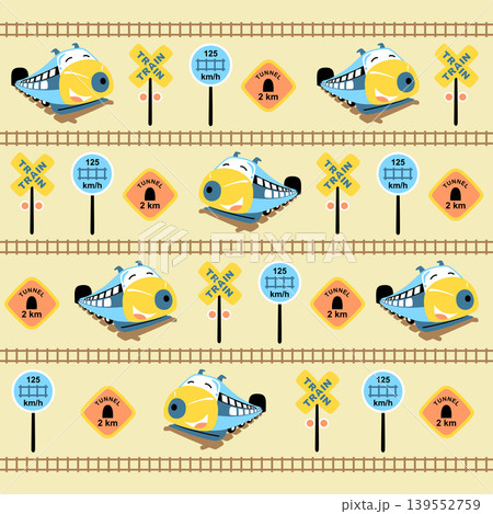 vector cartoon seamless pattern of funny fast train with railroad signs 139552759