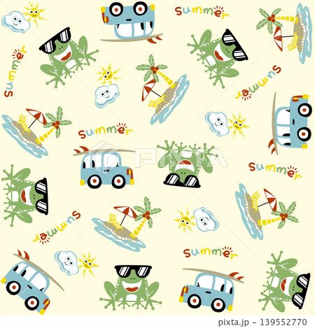 vector cartoon seamless pattern, cute frog wearing sunglasses with car, beach summer vacation elements vector cartoon seamless pattern, cute frog wearing sunglasses with car, beach summer vacation elements 139552770