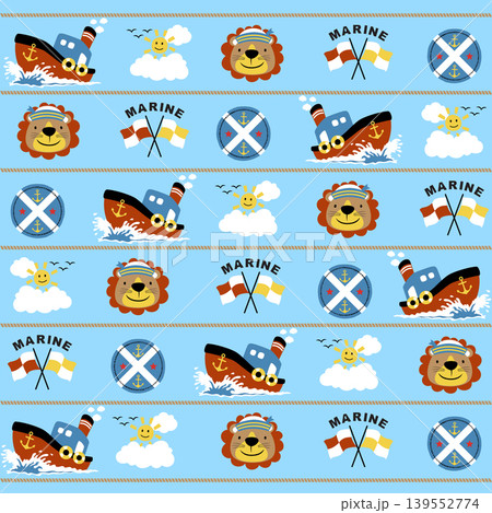 Vector cartoon seamless pattern of sailing elements with funny lion Vector cartoon seamless pattern of sailing elements with funny lion 139552774