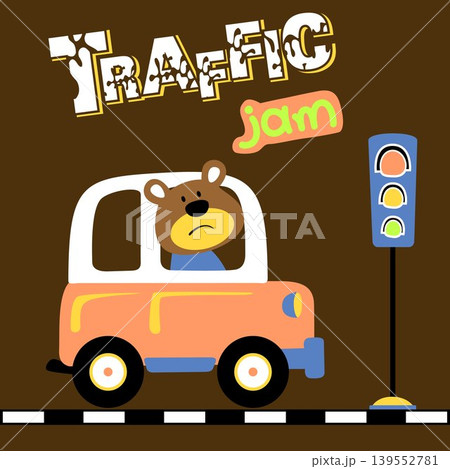 vector cartoon of cute bear driving car in traffic jam 139552781