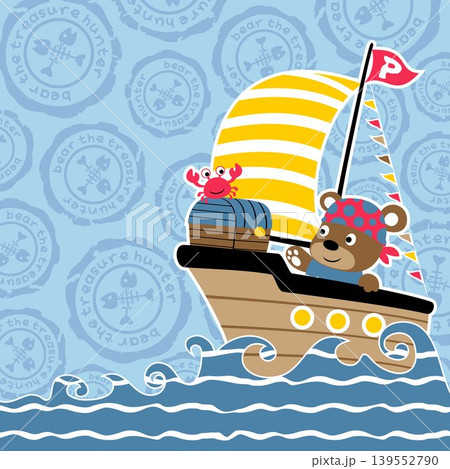 Cute bear with crab on sailboat with treasure chest, vector cartoon illustration Cute bear with crab on sailboat with treasure chest, vector cartoon illustration 139552790