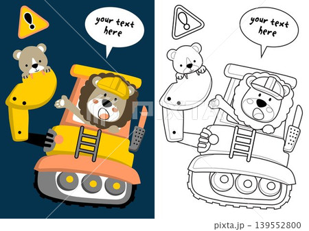 Vector cartoon of funny lion with it cub on construction vehicle. Coloring page or book 139552800