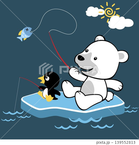 Cute polar bear with little penguin fishing on ice chunk, vector cartoon illustration Cute polar bear with little penguin fishing on ice chunk, vector cartoon illustration 139552813