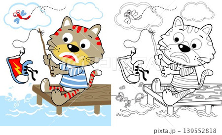 funny cat with dragonfly fishing in river get a shoe, vector cartoon, coloring page or book funny cat with dragonfly fishing in river get a shoe, vector cartoon, coloring page or book 139552818