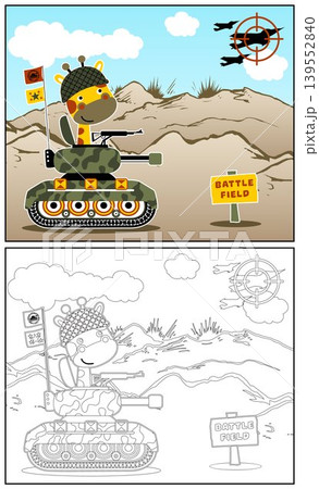 Funny giraffe on armored vehicle in battlefield, vector cartoon illustration, coloring book or page Funny giraffe on armored vehicle in battlefield, vector cartoon illustration, coloring book or page 139552840
