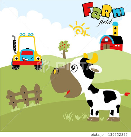 Funny cow with tractor in farm field, vector cartoon illustration Funny cow with tractor in farm field, vector cartoon illustration 139552855