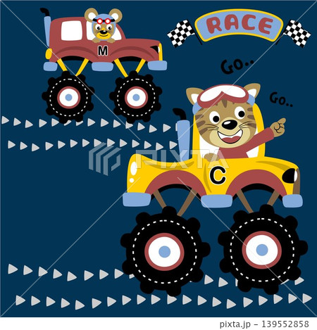 vector cartoon of funny cat with mice in monster truck racing 139552858