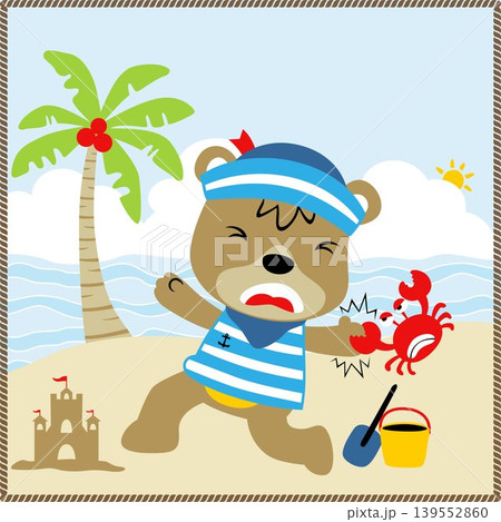 Funny bear hand clamping by crab in the beach, vector cartoon illustration Funny bear hand clamping by crab in the beach, vector cartoon illustration 139552860