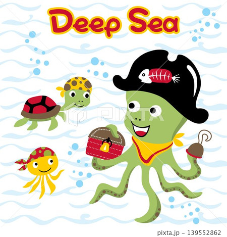 Funny octopus with turtle and squid in pirate costume undersea, vector cartoon illustration 139552862