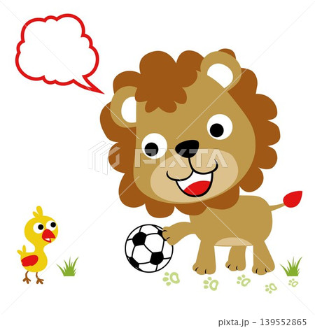 cute lion with little duck playing soccer, vector cartoon illustration 139552865