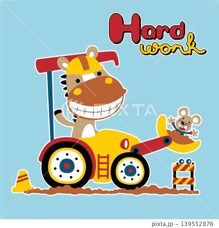 Vector cartoon illustration of horse with mice on construction vehicle Vector cartoon illustration of horse with mice on construction vehicle 139552876