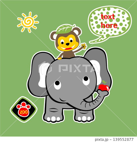 Cute monkey ride on elephant with fruit, vector cartoon illustration Cute monkey ride on elephant with fruit, vector cartoon illustration 139552877