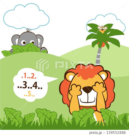 Cute animals playing hide and seek. Lion with elephant hiding in bush and monkey on palm tree, vector cartoon illustration 139552886