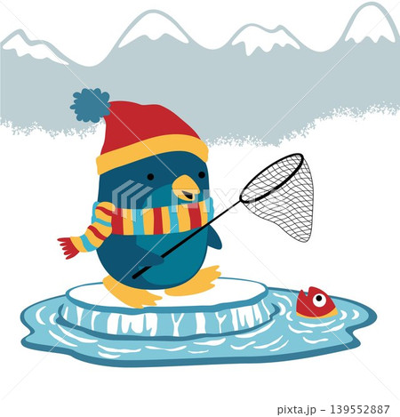 Cute penguin in winter coat fishing with fishing net on ice chunk, vector cartoon illustration 139552887