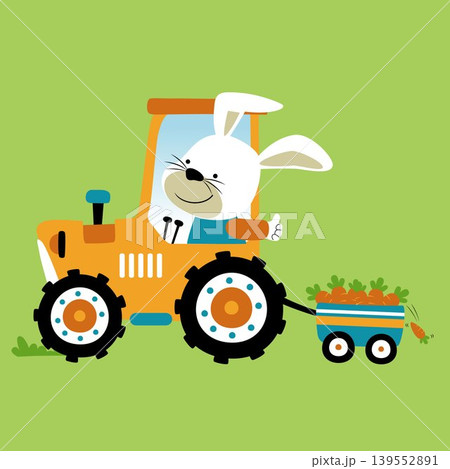 Cute bunny driving tractor pulling carrots on cart, vector cartoon illustration 139552891