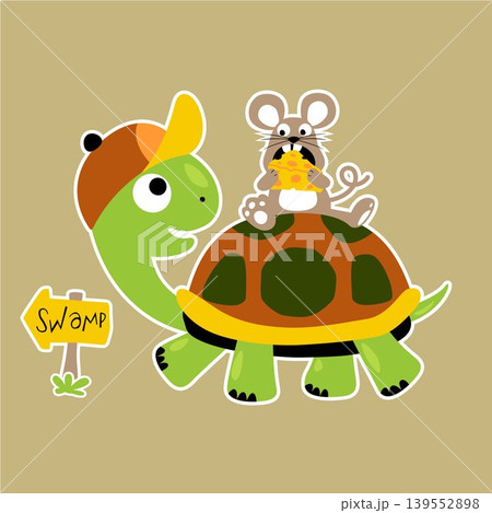 Little mouse holding cheese ride on turtle, vector cartoon illustration 139552898