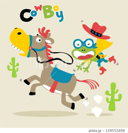 Funny frog in superhero costume riding horse, vector cartoon illustration Funny frog in superhero costume riding horse, vector cartoon illustration 139552899