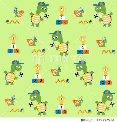 Vector cartoon seamless pattern of cute turtle with snail and caterpillar in racing run, sports elements 139552918