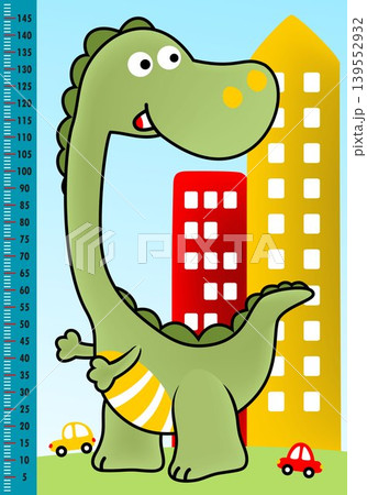 Meter wall with tall dinosaur in city, vector cartoon illustration Meter wall with tall dinosaur in city, vector cartoon illustration 139552932