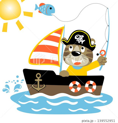 Funny cat in pirate costume fishing on boat, vector cartoon illustration Funny cat in pirate costume fishing on boat, vector cartoon illustration 139552951