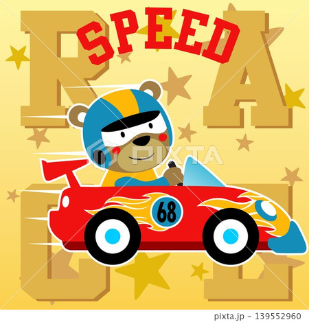 Funny bear on racing car on alphabet background, vector cartoon illustration Funny bear on racing car on alphabet background, vector cartoon illustration 139552960