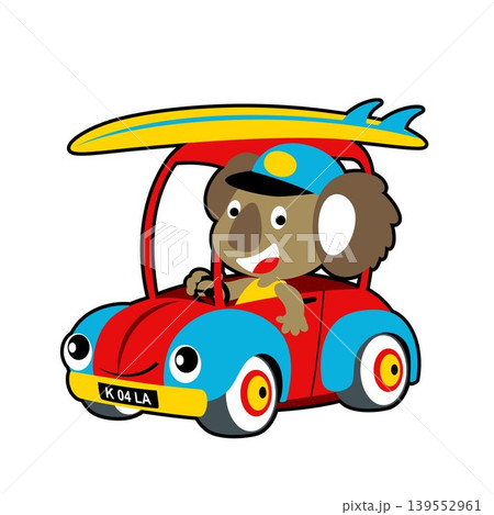 Funny koala on car carrying surfboard, vector cartoon illustration Funny koala on car carrying surfboard, vector cartoon illustration 139552961